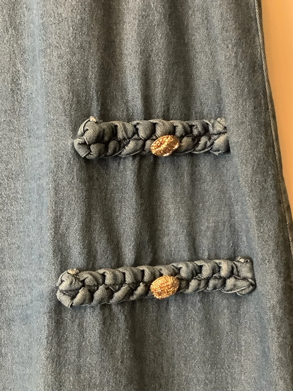 Sleeveless Chambray Midi Dress in Blue with Braided Trim - Picture 3 of 9